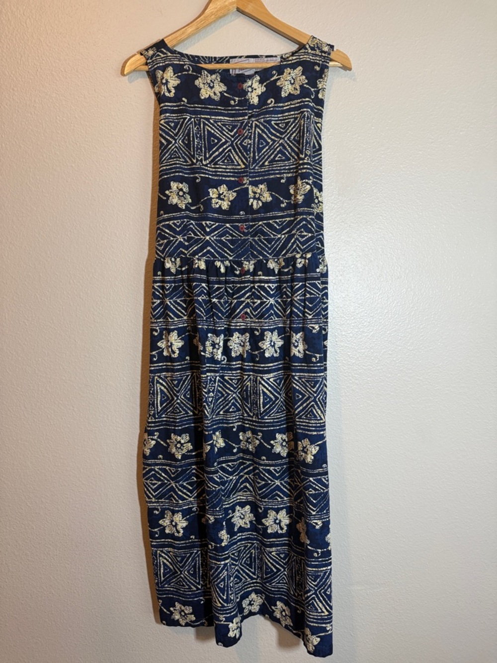 100% Cotton Blue White Boho Midi Dress XL Tie Back Coastal 90’s Resort Wear